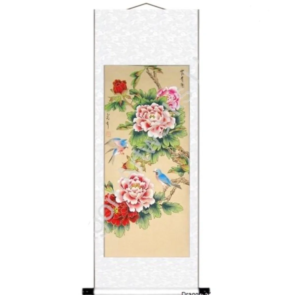 Hand-Painted Chinese Wall Scroll – Birds & Peonies – 20x54” Silk Art